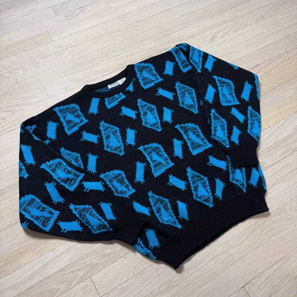 Vintage Nicolas Mens Abstract Geometric Knit Sweater Black Blue Crew Neck Large